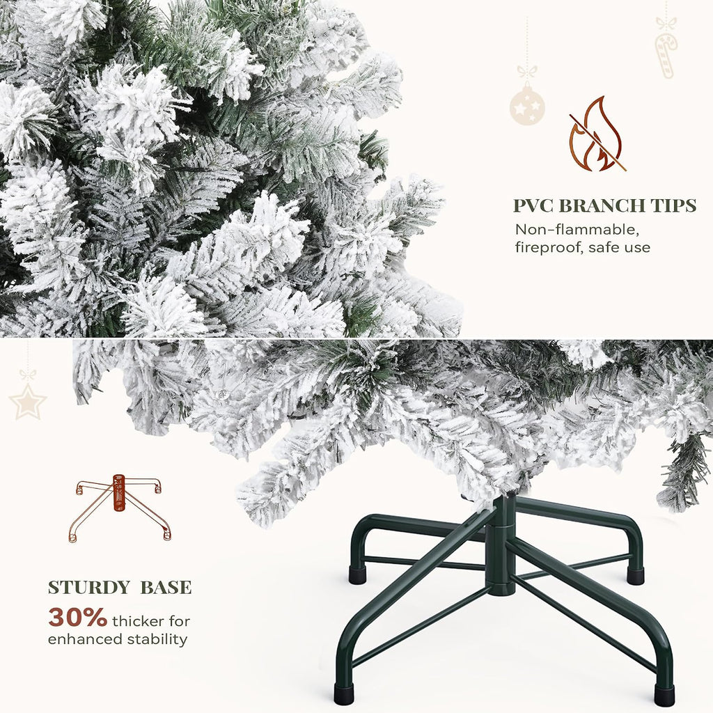 Prelit Snow Flocked Christmas Tree 7.5ft with Remote | Hinged Pine Christmas Tree w/ 550 Warm White/Multicolor