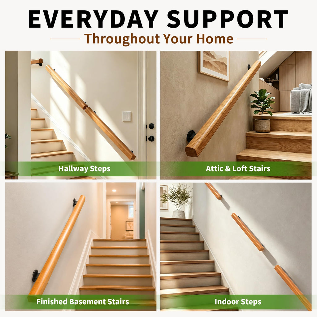 Wood Handrails for Indoor Stairs, 8FT Non-Slip Railing Wall Mounted