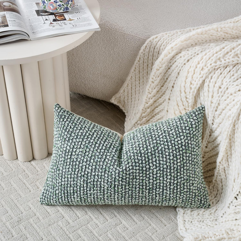Striped Throw Pillow Covers 12x20 Set of 2 Green Textured Polyester Chic Morden Boho Accent Farmhouse Rectangular