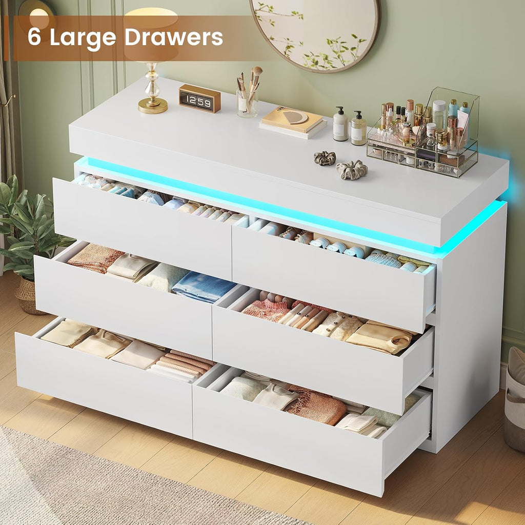 6 Drawer Dresser with LED Light, White Modern Chest of Drawers ,Closet Dressers with Drawers
