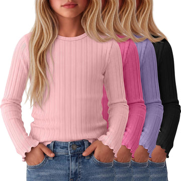 4 Pack Girls Long Sleeve Shirts Kid Cotton Ribbed Top