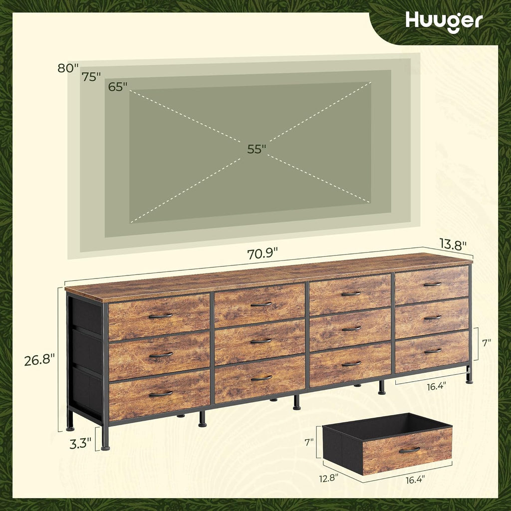 70 Inch Dresser , TV Stand for 65, 75, 80 Inch TV, 12 Fabric Drawer Long Dresser, Large Entertainment Center , Wide