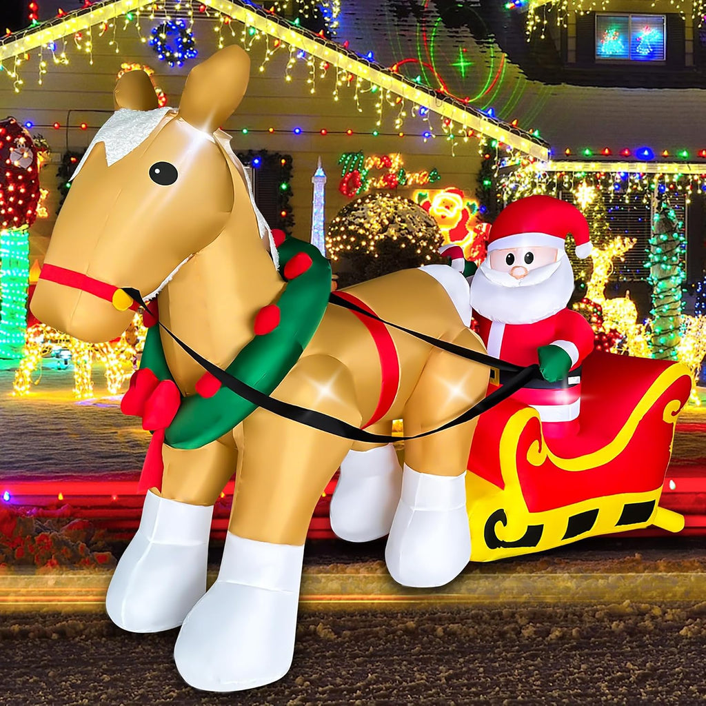 7FT Christmas Inflatables Santa Claus on Sleigh with a Horse Decorations, LED Lighted Xmas Christmas Blow up Yard
