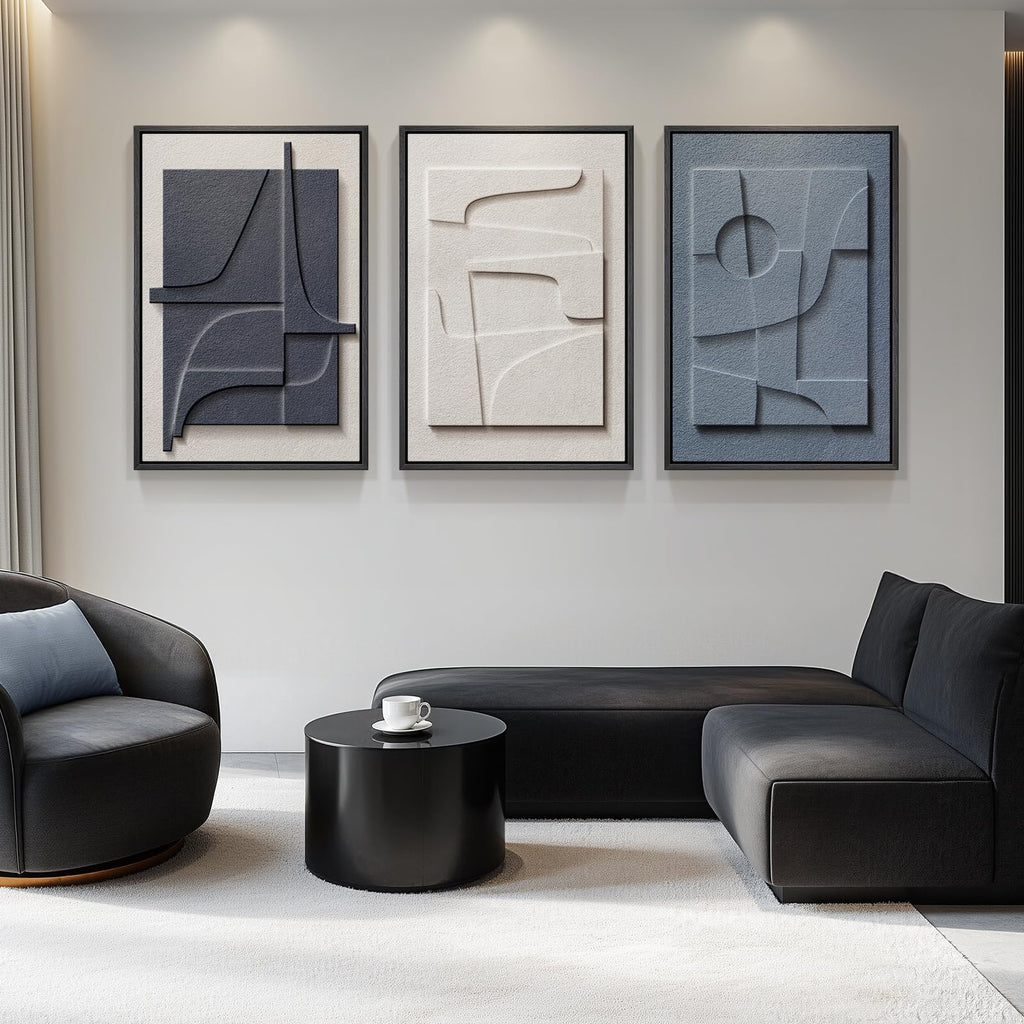 Large Framed Blue Abstract Wall Art, Modern 3D Artwork