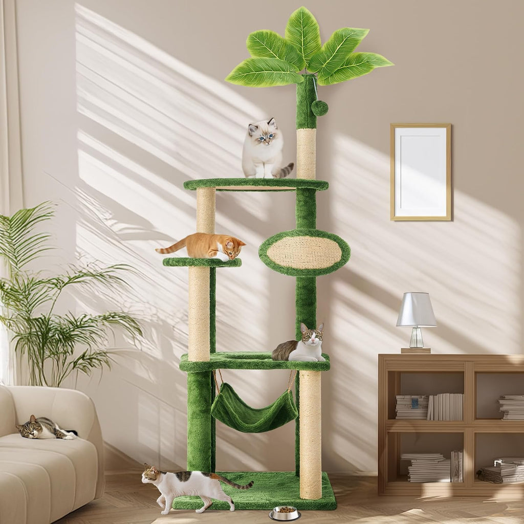 55 Inch Large Cat Tree Tower for Indoor Cats with Hammock Green Leaves Sisal Scratching Post, Plush Hang Ball Play