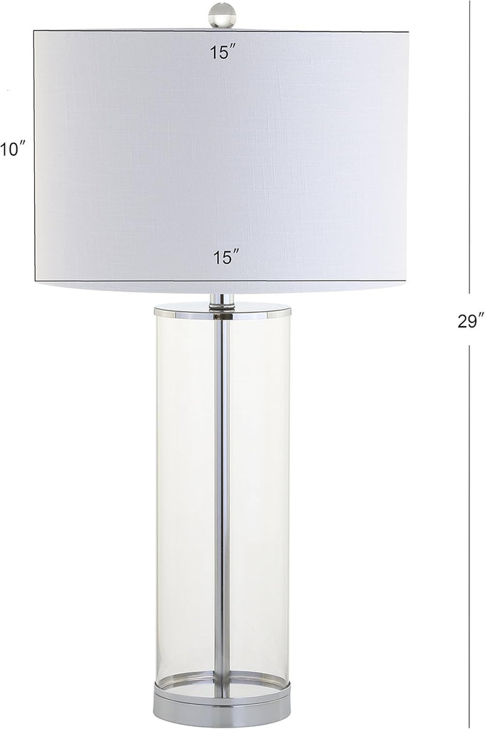 29" Clear/Chrome Modern Glass Table Lamp Bedroom, Minimalist Nightstand Bedside Lamp, White Linen Drum Shade