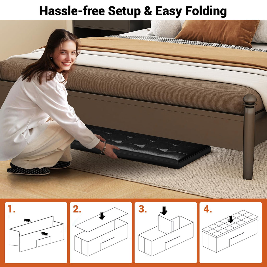 Folding Storage Ottoman Faux Leather Large Bench Foot Rest Pouffe Box Stool Seat Folding Storage Box, Black (Black)