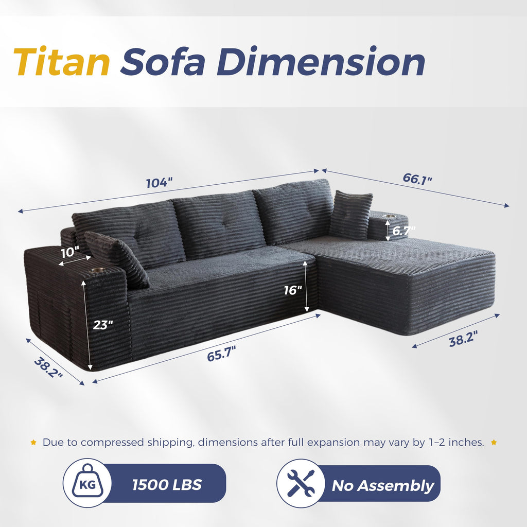 Boneless Couch, 104" L-Shape Sectional Sofa, Right-Facing Chaise