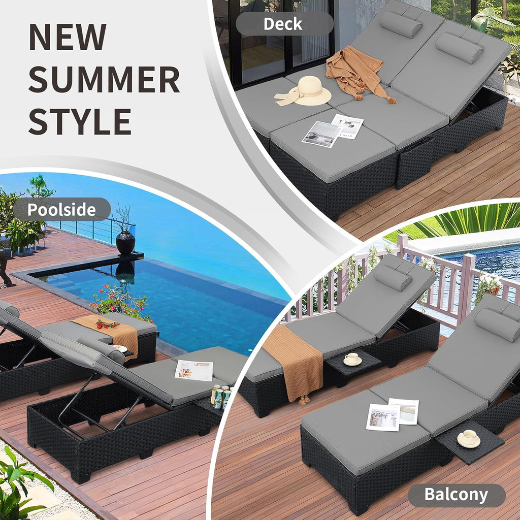 Outdoor Chaise Lounge Chairs for Outside Patio Furniture Set of 2 Wicker Recliner Black Rattan Sunbathing Lounger