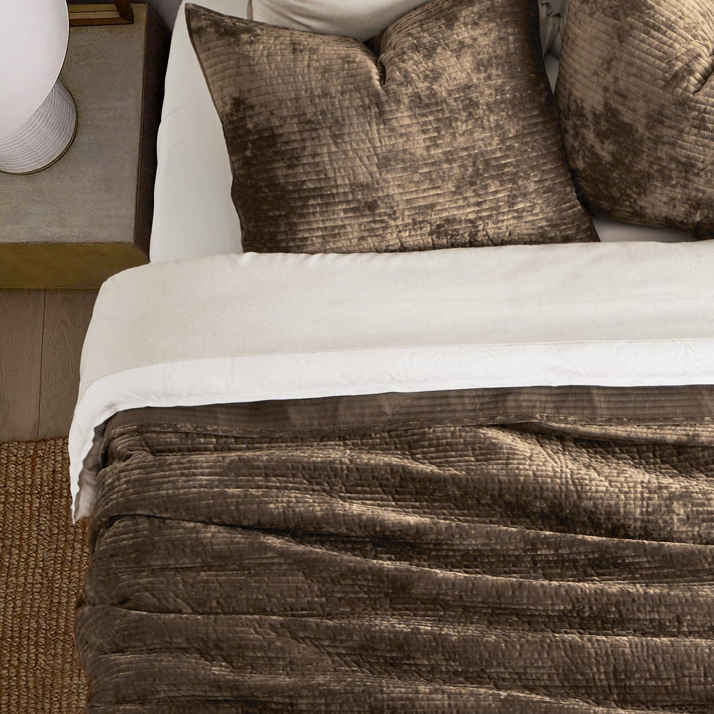 Striped Channel Velvet Quilt Set, Mushroom Brown