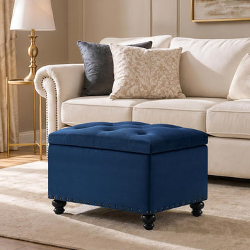 Velvet Storage Ottoman Bench, Button Tufted Ottoman with Hidden Storage, Upholstered Foot Rest Stool with Solid Wood