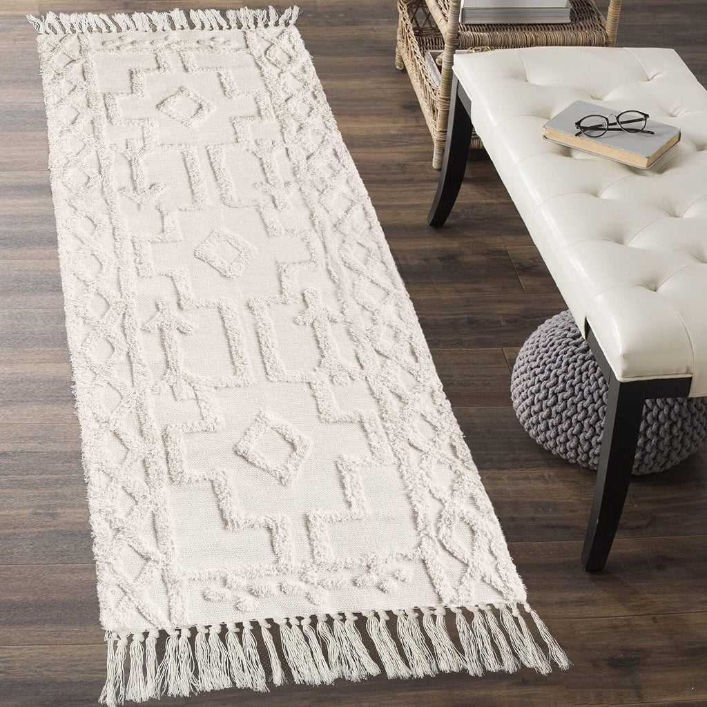 Boho Hallway Runner Rug, Beige Cotton Washable Kitchen Rug Runners with Tassels, Hand Woven Western Entryway