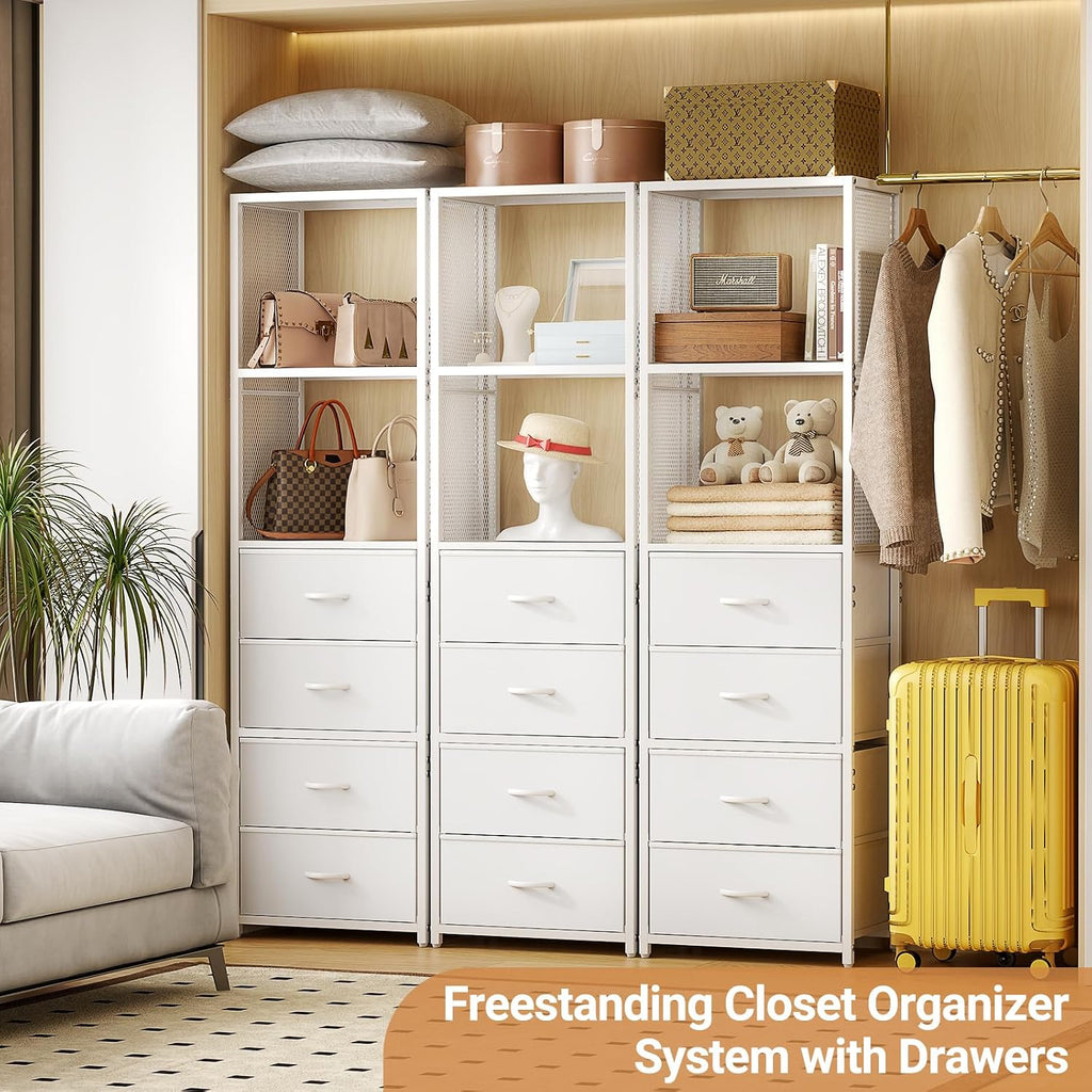 Closet Drawer Organizer, Freestanding Closet System with 4 Drawers, Walk-in Closet Storage Unit with Wooden Top &