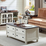 48" Farmhouse Coffee Table with Hidden Storage,Wooden Coffee Tables with 4 Drawers & Roman Column Handle,Rectangular