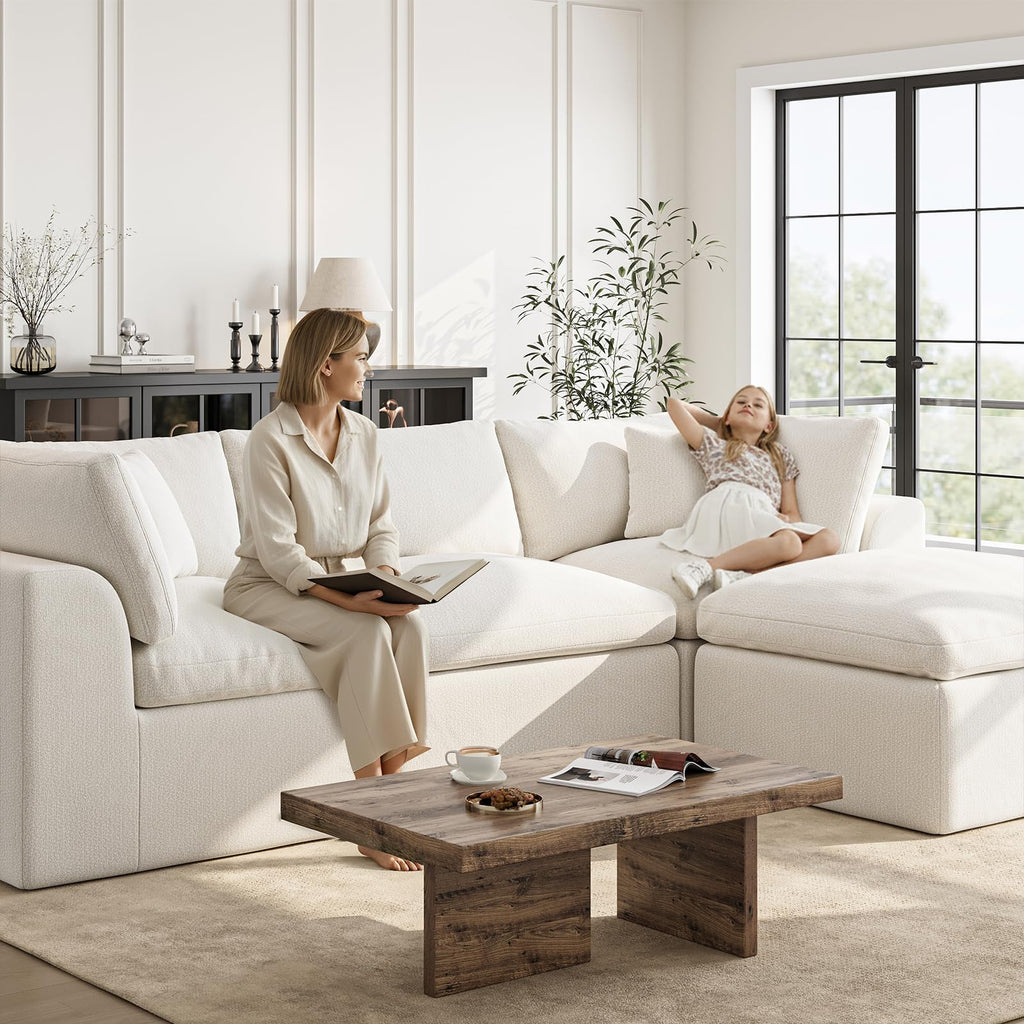 Cloud Sectional Couches | 108 Inch L-Shaped Boneless Couch with Ottoman | Modular Sectionals Sofa Couch Ivory White