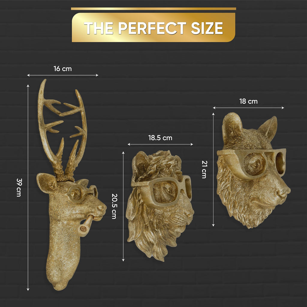 Gold 3pcs Animal Heads Wall Decor - Victorian-Style Lion Head, Bear Head, and Deer Head Wall Mount Decor, Adorned