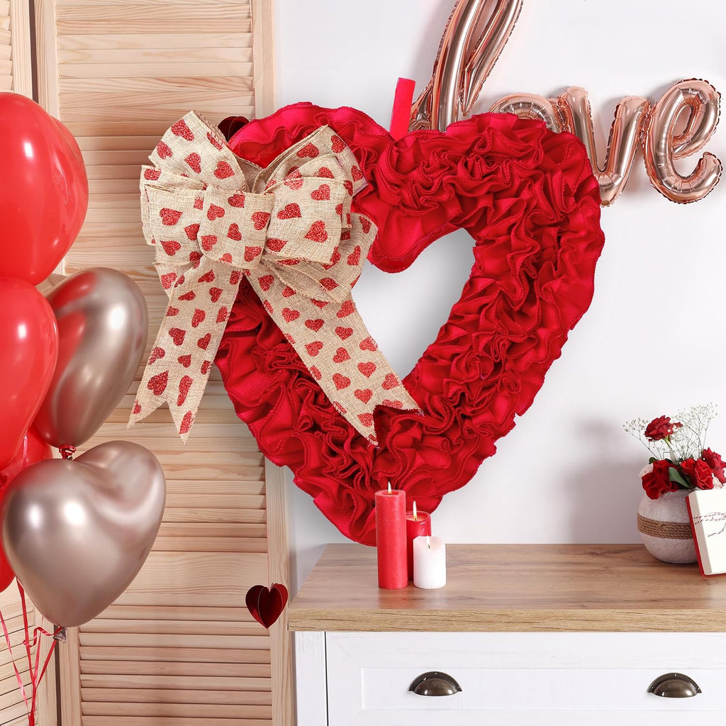 17.3'' Heart Wreath Red Burlap Heart Shaped Ornaments with Heart Pattern Bows for Front Door Wedding Party Decorations