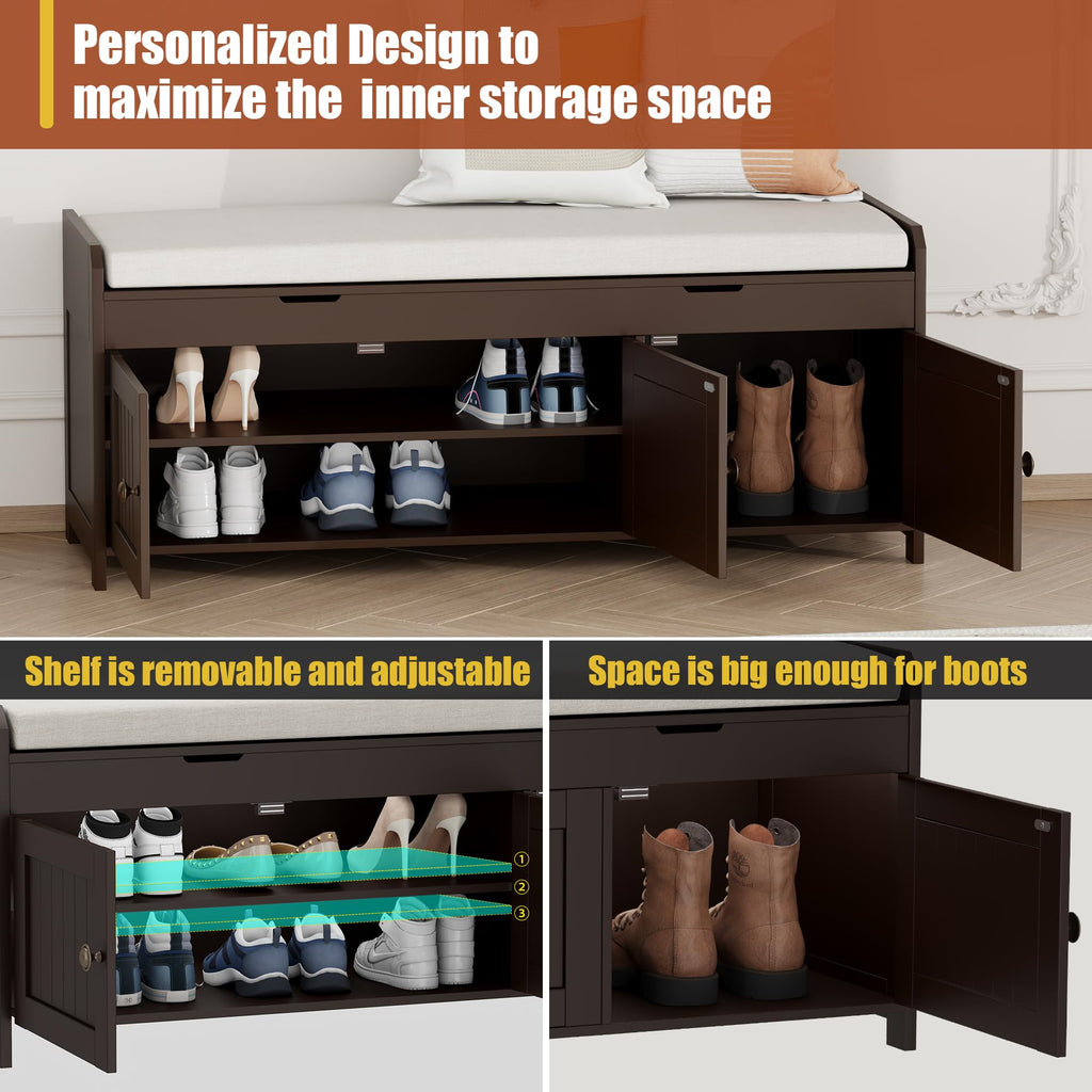 41.3" Shoe Bench with Lift Top Storage, Entryway Bench with Cushioned Seat, Wooden End of Bed Bench, Shoe Cabinet