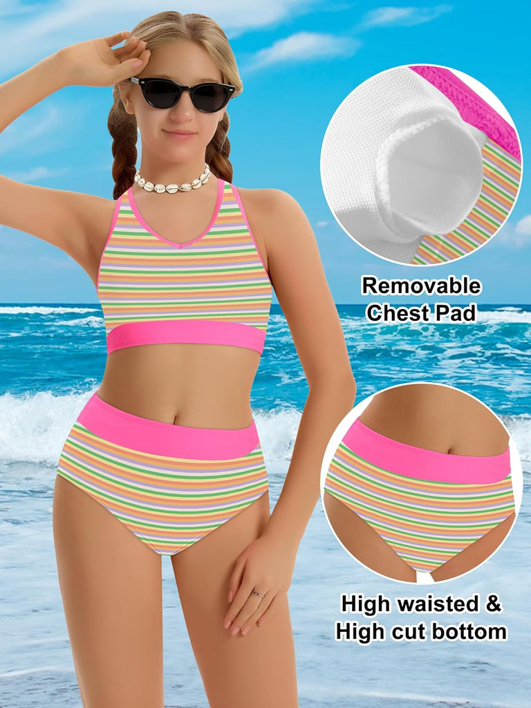 Girls Swimsuit Color-Block High Waist Sporty Sets Girls Two Piece Bathing Suit with Chest Pad Swimwear