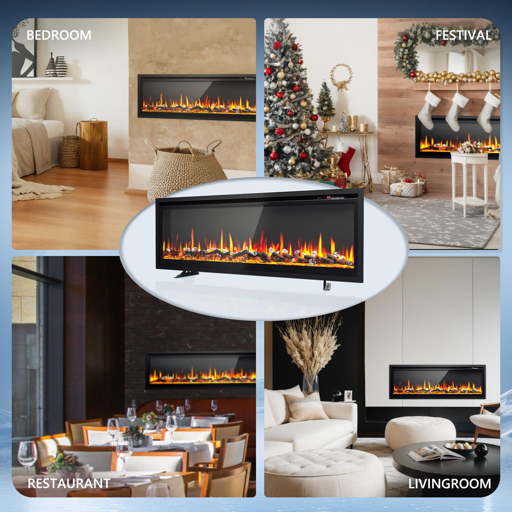 50 Inch Electric Fireplace Recessed Wall Mounted Freestanding