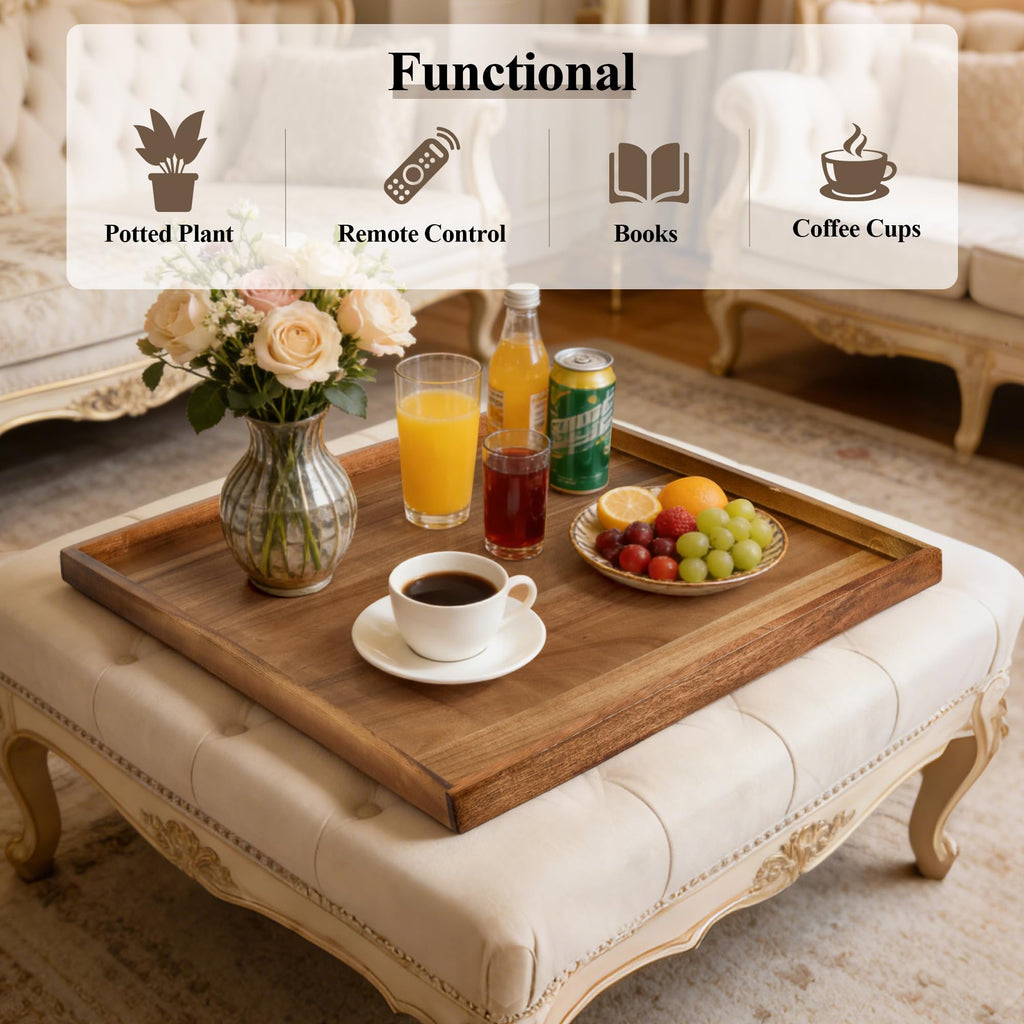 Extra Large Ottoman Tray, Oversized Acacia Wood Serving Tray for Coffee Table, Food, Snacks, Drinks, Decorative Tray