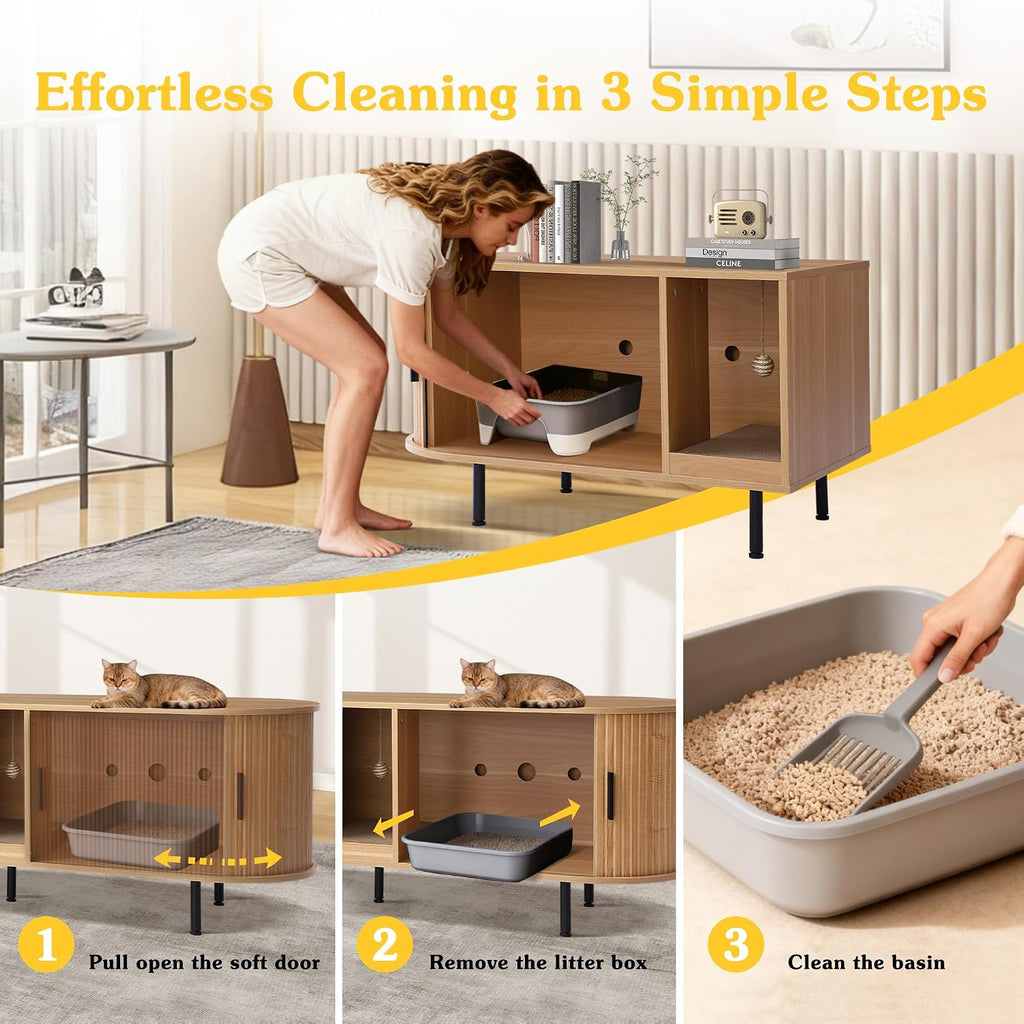 Cat Litter Box Furniture Enclosure with Scratch Pad, Hidden Fluted Cabinet with Sliding Door, Multi-Functional Modern
