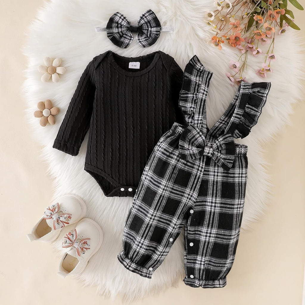 Baby Girl Clothes Newborn Suspender Overalls Long Sleeve Ribbed Romper Fall Winter Outfits Bow Headband