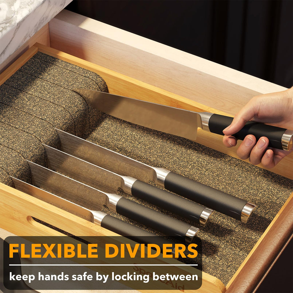 Knife Drawer Organizer 9 inches Wide Bamboo Insert Dock, Kitchen Steak Knives Holder Organizers Block for Drawer