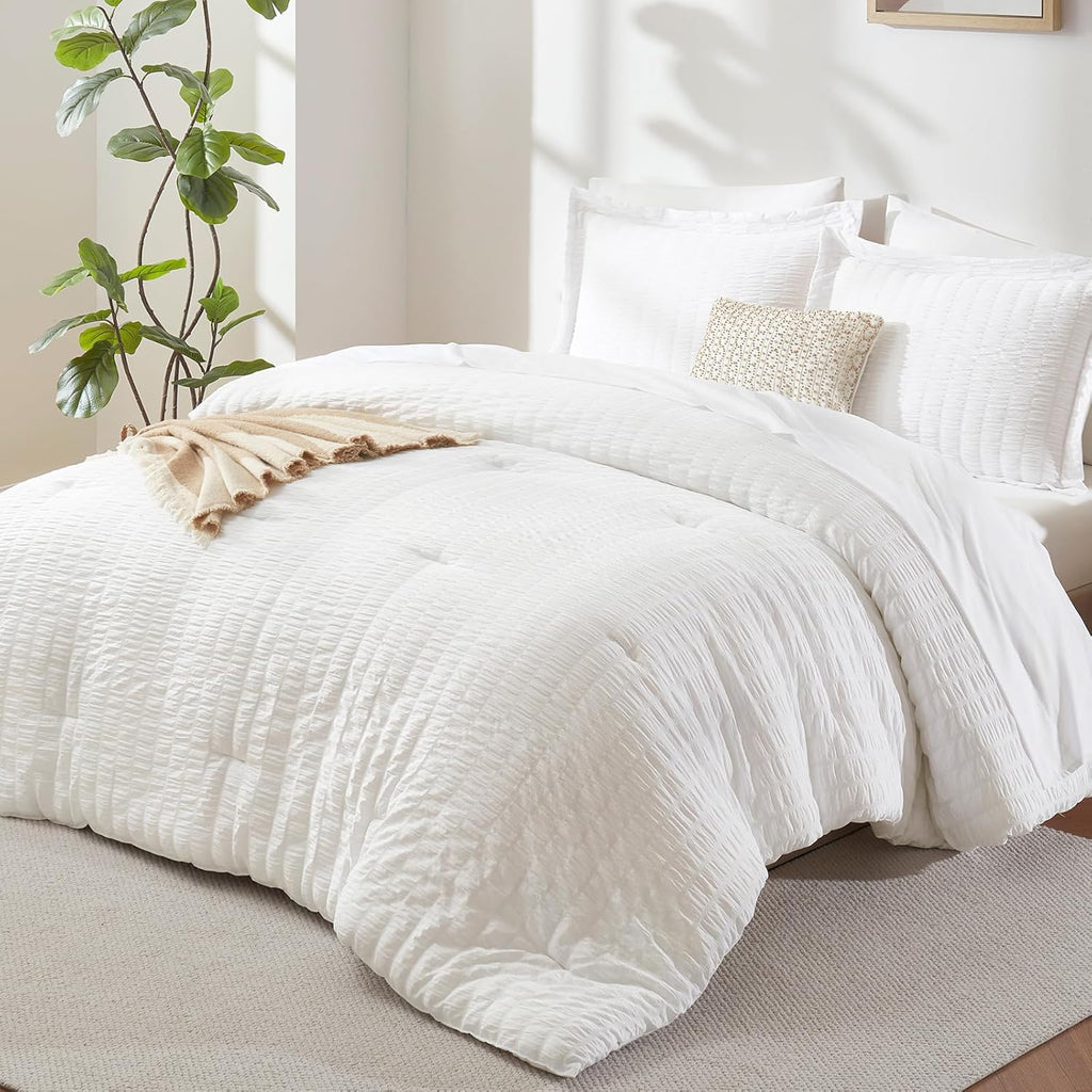 Oversized Queen Comforter Set White Seersucker 7 Pieces 98x98 Bed in a Bag Comforter Set with Sheets