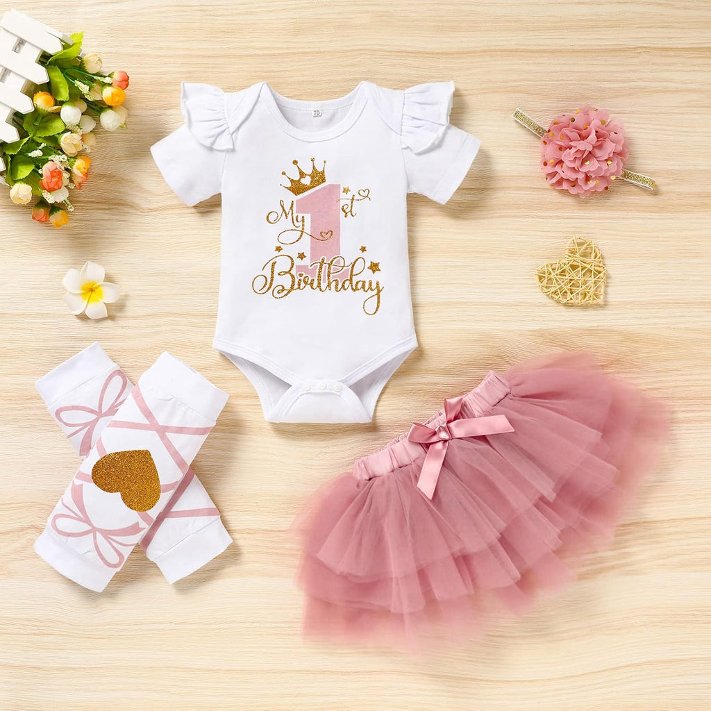 Baby Girl Birthday Cake Smash Outfit Toddler Girl My 1st Birthday Romper Tutu Skirt with Headband Clothes Set