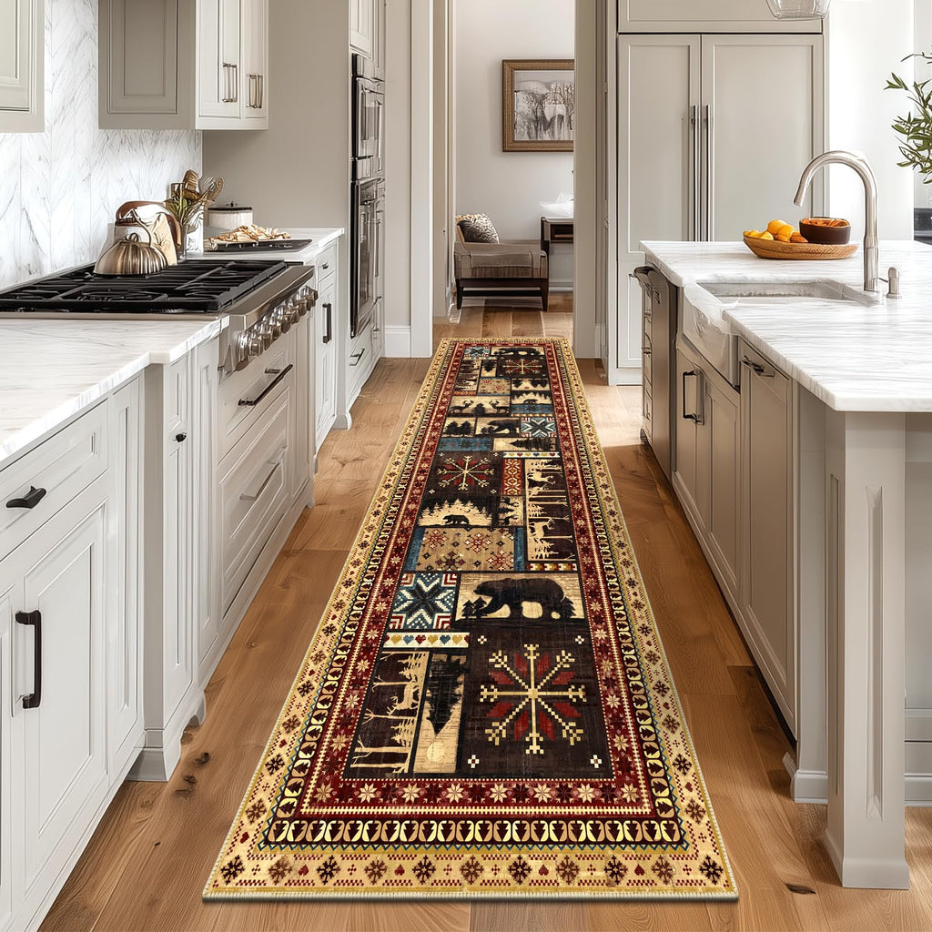 Hallway Runner Rug, Non Slip Washable Western Cabin Bear Rugs