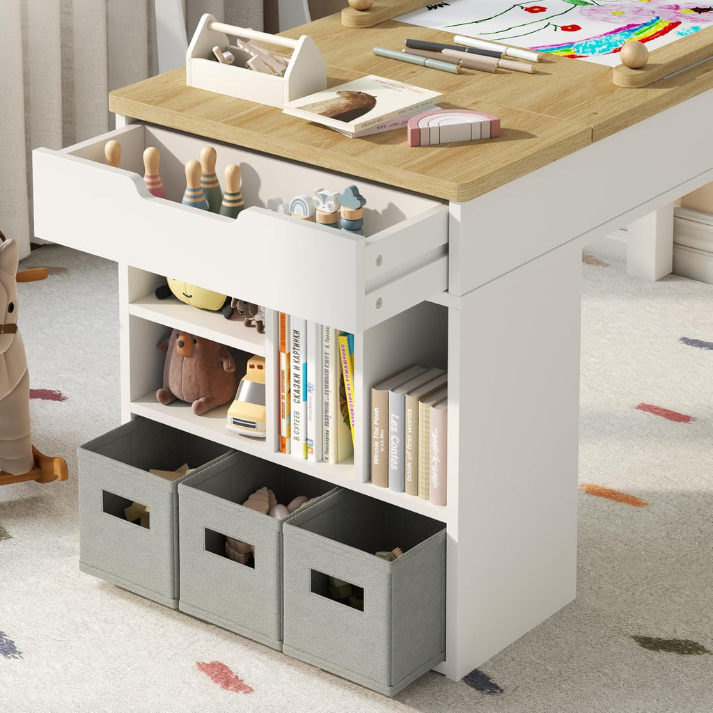 Kids Art Table and 2 Chairs Set,3 in 1 Wooden Craft Desk w/ Drawer for Draw