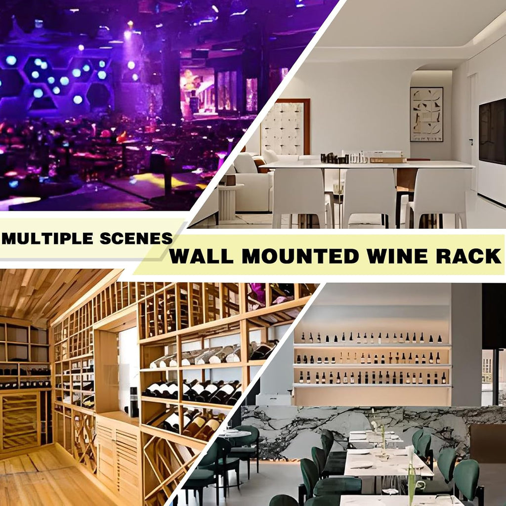 Wine Rack Wall Mounted with LED Lights, 3 Tier Metal Liquor Floating Display Shelves, with Wine Glass Rack, Iron &