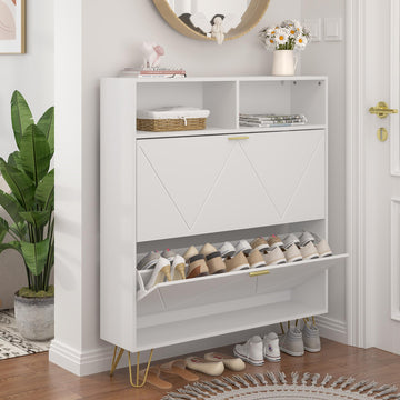 46'' Tall Shoe Cabinet with 2 Flip Drawers and Open Shelves, White丨Freestanding Shoe Organizer, Narrow Shoe Storage