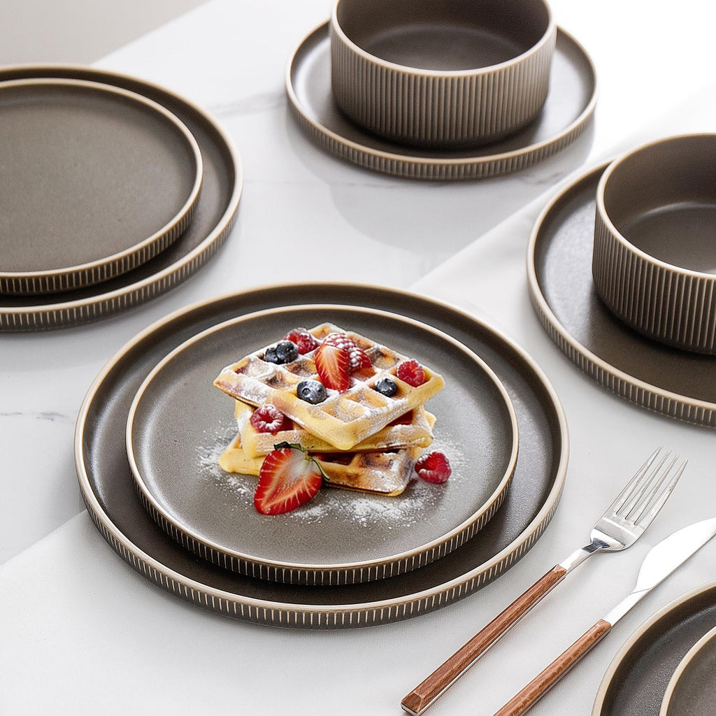 Stoneware Dinnerware Sets for 4, 12Pcs Plates and Bowls Set, Matte Green