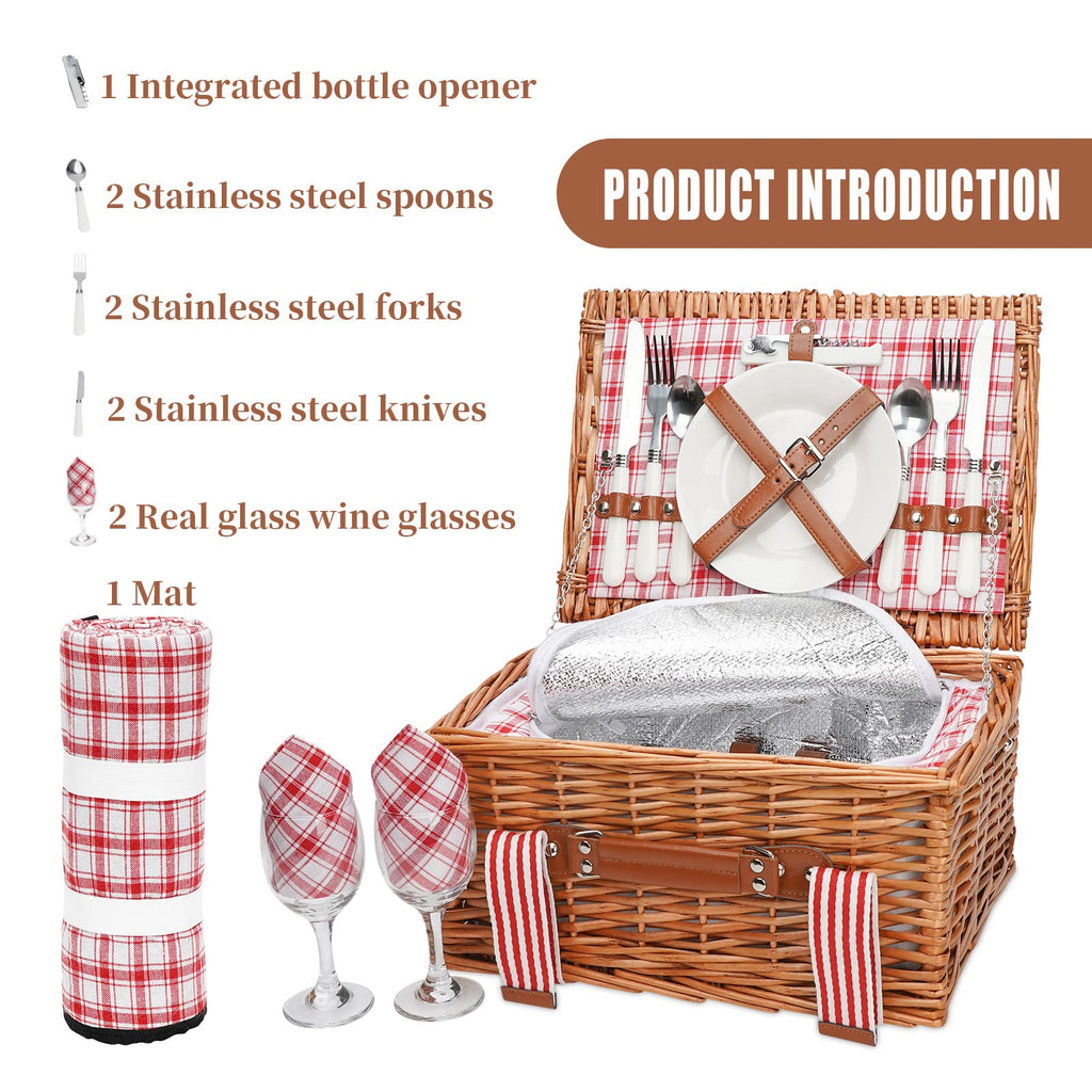 Willow Picnic Basket Set for 2 Persons with Blanket, Red Check