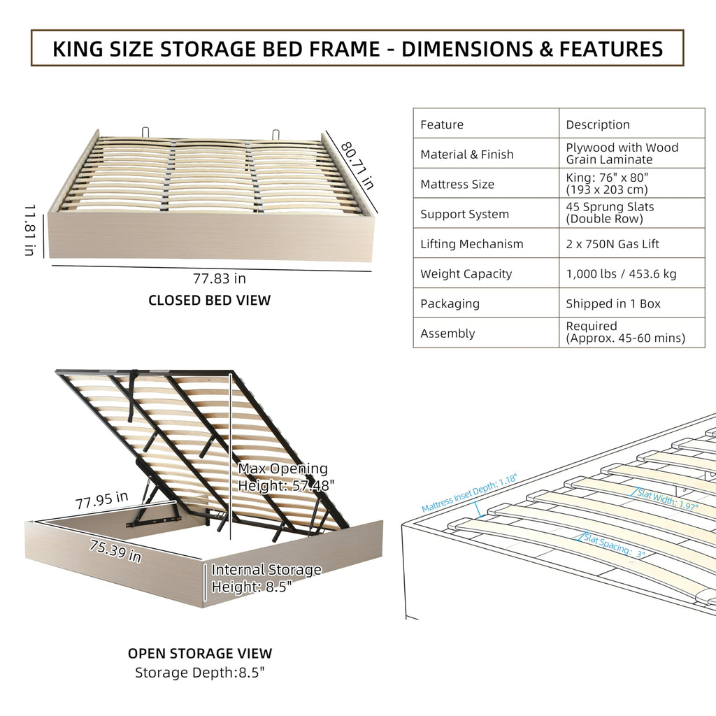 King Size Lift Up Storage Platform Bed Frame, Wood Bed Frame with Metal & Slats Support, Wooden Bed Frame Without