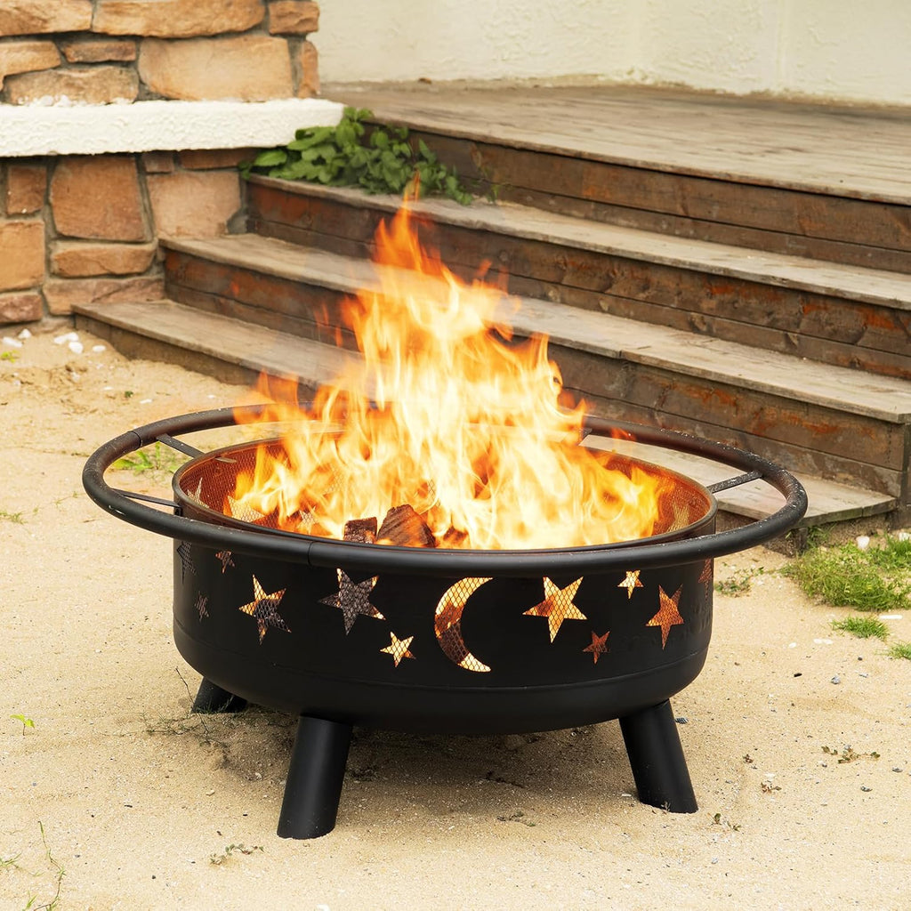 32 Inch Round Fire Pit with Mesh Cover, Fire Poker, Star and Moon Design, Metal Wood Burning Outdoor Firepit