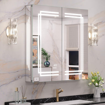 30 x 32 Inch Lighted Medicine Cabinet with Lights, Tempered Glass
