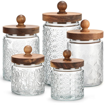 5 Pcs Vintage Glass Canisters Kitchen Glass with Lid, Transparent