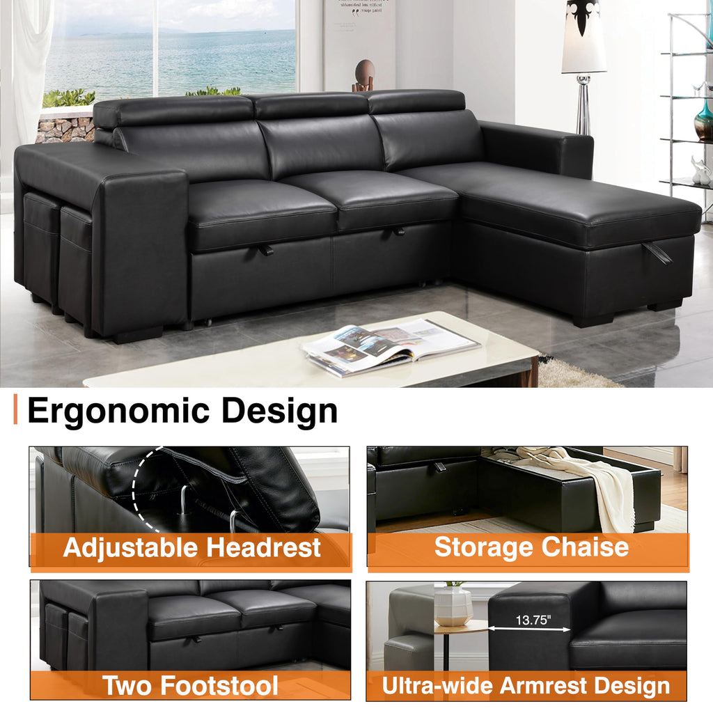 102'' Black Leather L Shaped Sectional Sleeper Sofa with Pull Out Bed
