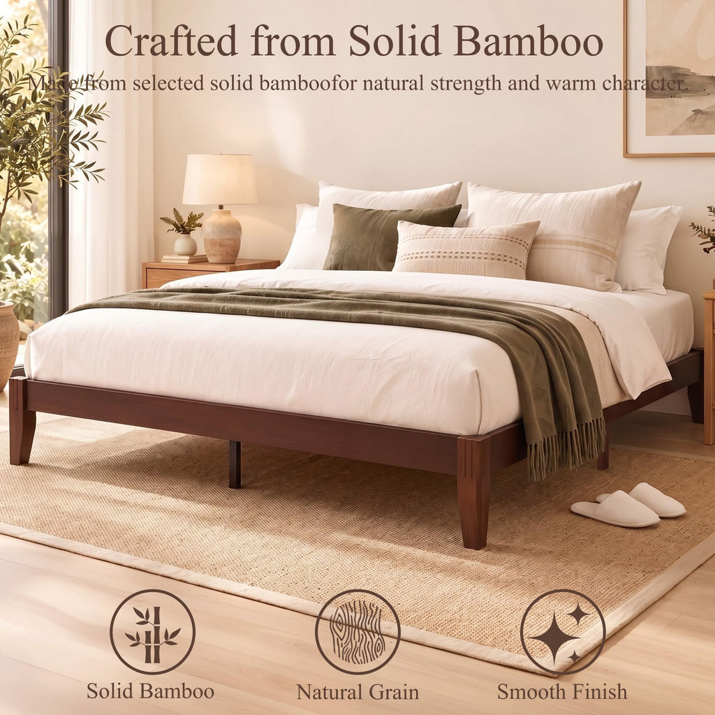 Japanese Joinery Solid Wood King Bed Frame, Bamboo Platform Bed, Walnut