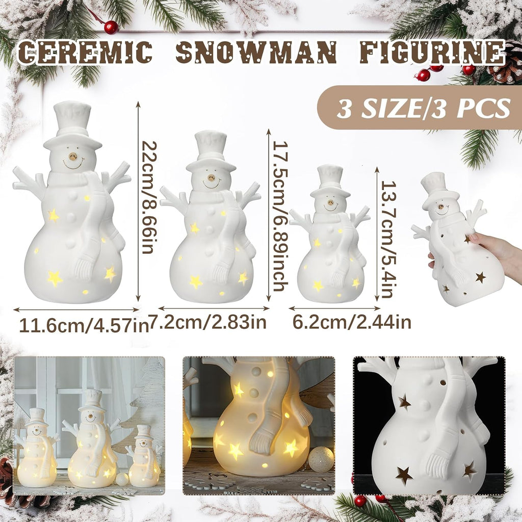 3 Pcs Light up White Ceramic Snowman Decor LED Lighted Porcelain Snowman Figurines Tabletop Battery Operated