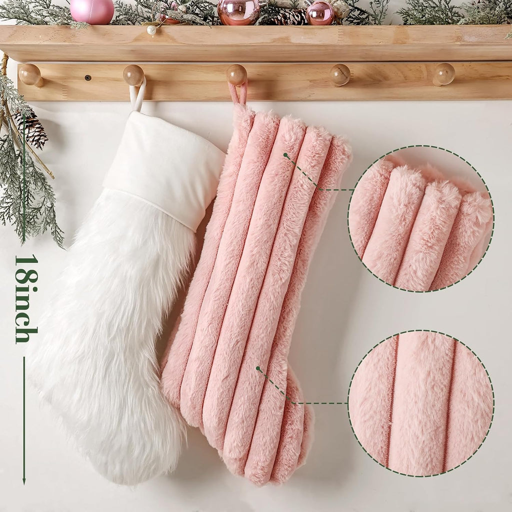 Rustic Christmas Stockings, 5 Pcs 18 Inch Luxury Peach Pink, Light Pink and White Thick Plush Faux Fur Christmas