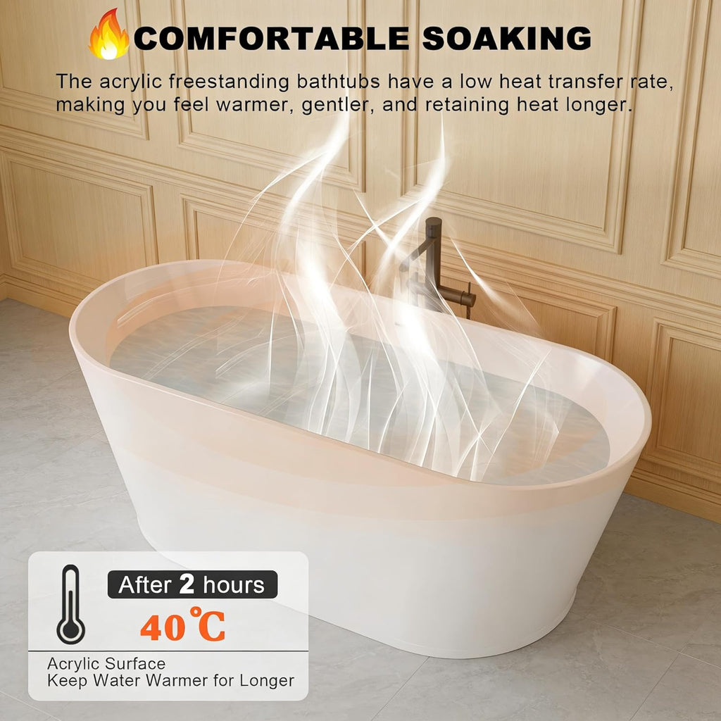59 Inch Free Standing Bathtub,Made of Pure Acrylic Material with 8 Layers of Reinforced Coating,Cupc Certified