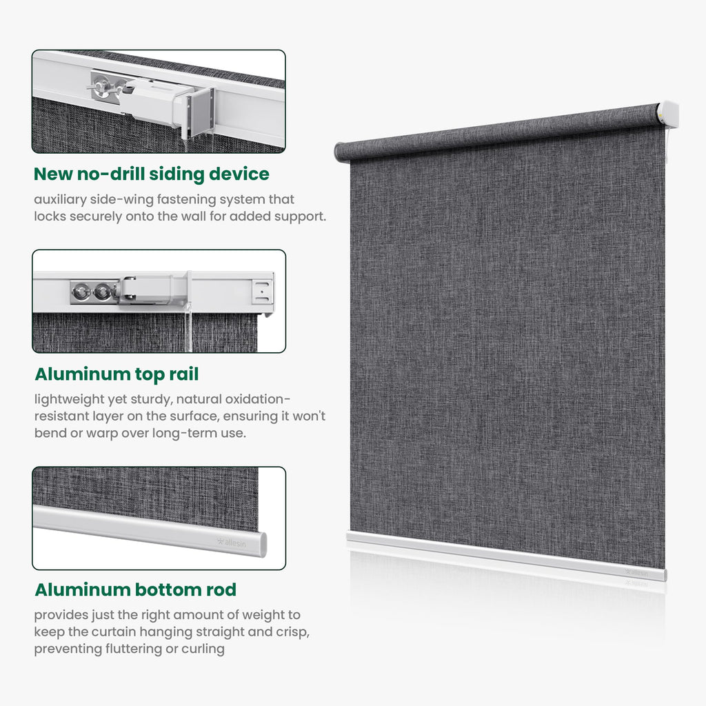No Drill Motorized Roller Blinds, Outside Mount Installation Electric Blackout Blinds with Remote, Compatible with