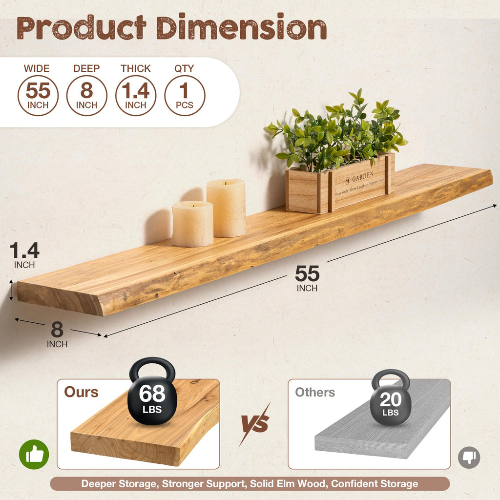 Live Edge Floating Shelves for Wall, 55 Inch Solid Elm Wood Shelves