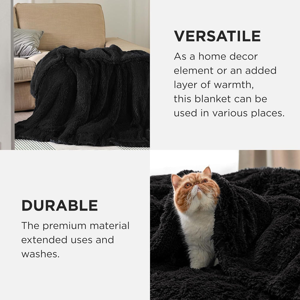 Faux Fur Fluffy Sherpa Fleece King Bed Blanket Black 108"x90" | Fuzzy Plush, Thick Warm, Fall, Comfort Cozy Soft Home