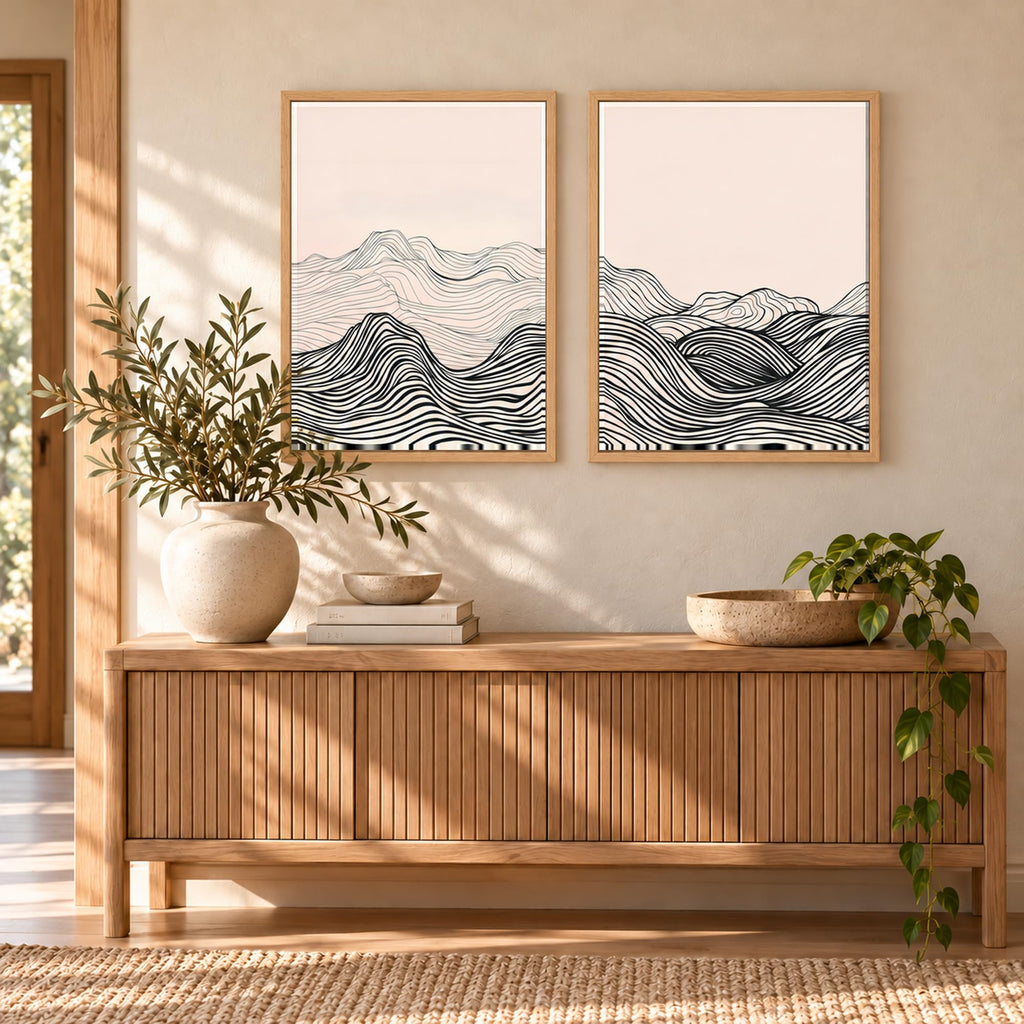 2-Pack Framed Minimalist Black and White Line Art Mountain Wall Art 16"x24"