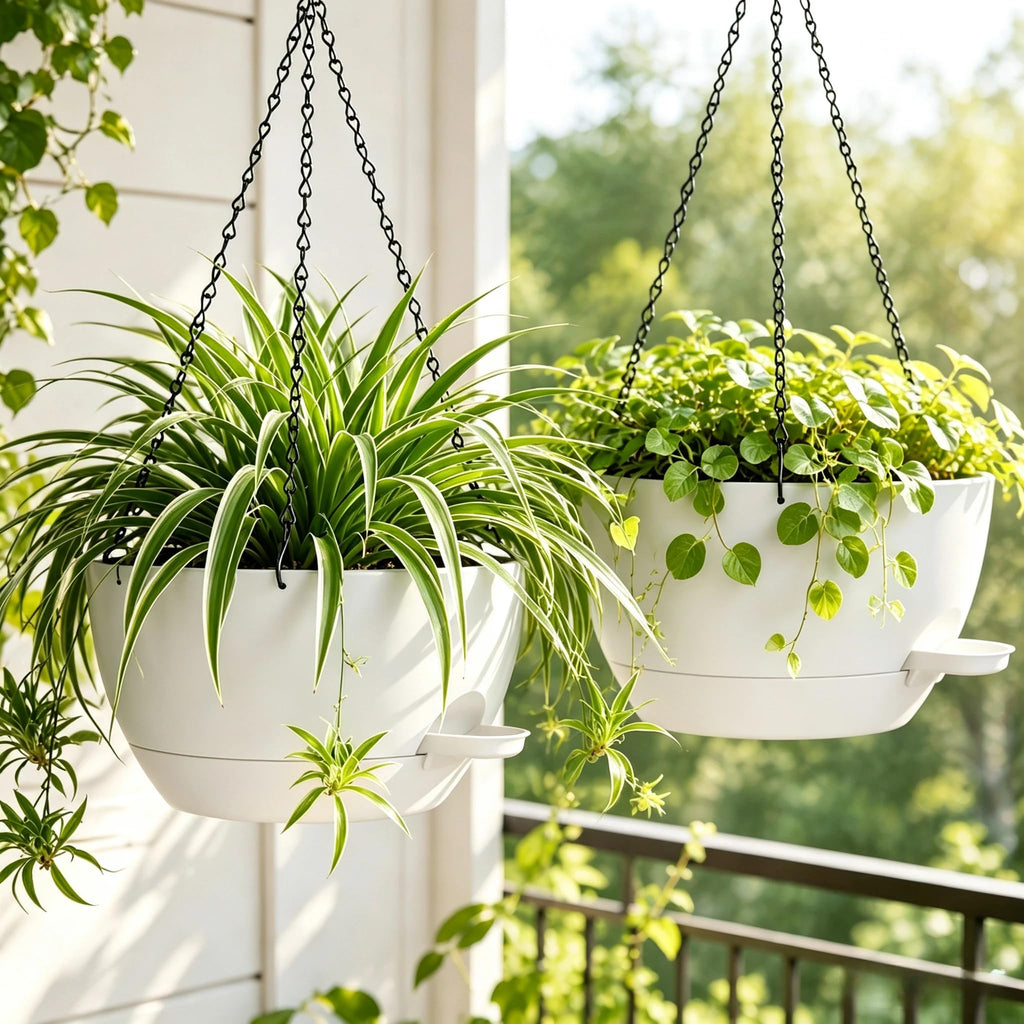 12" Self Watering Hanging Planters with Chains, White, 2 Pack